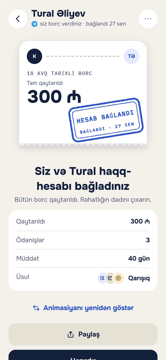 Borc bağlandı: «Hesab bağlandı» möhürlü bilet