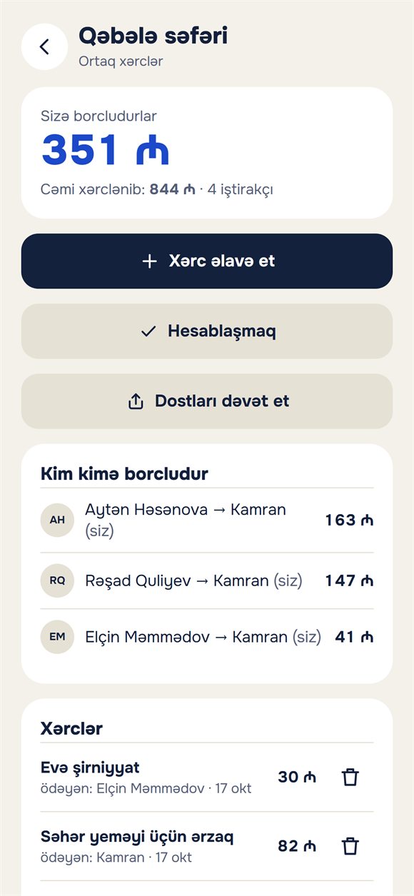 Səfərin ortaq xərcləri: kim nə qədər xərclədi və kim kimə borcludur