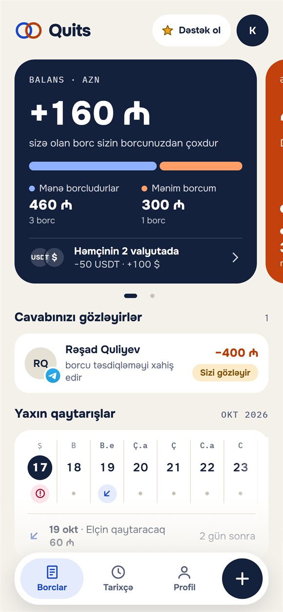 Ana ekran: balans, kimin kimə borclu olduğu və yaxın qaytarmalar