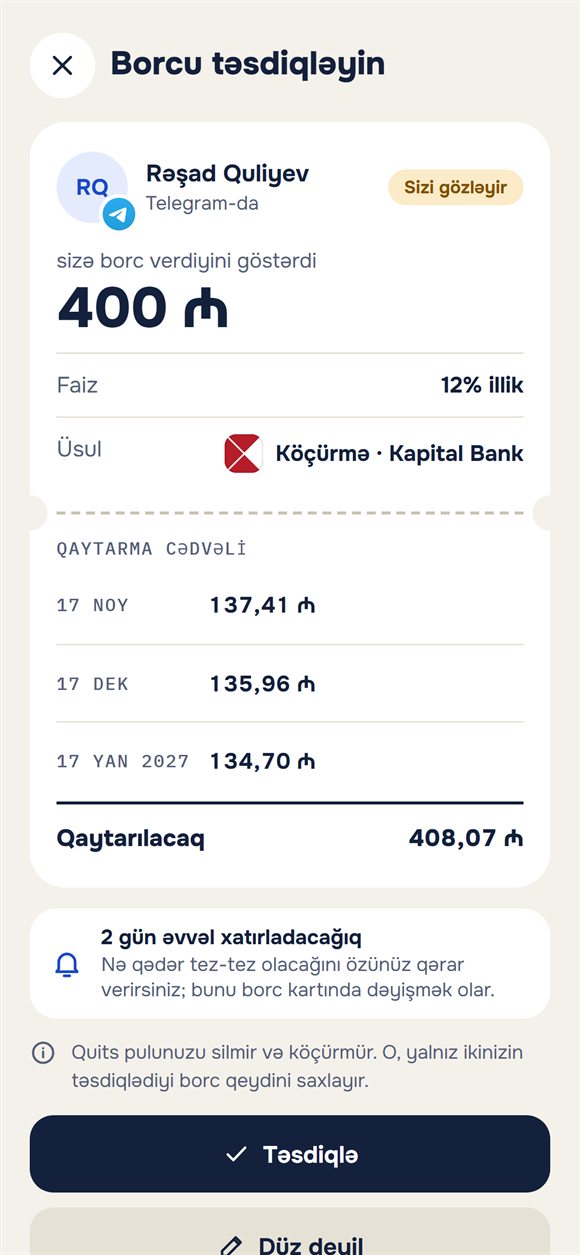 Qaytarma qrafiki ilə borcun təsdiqi sorğusu