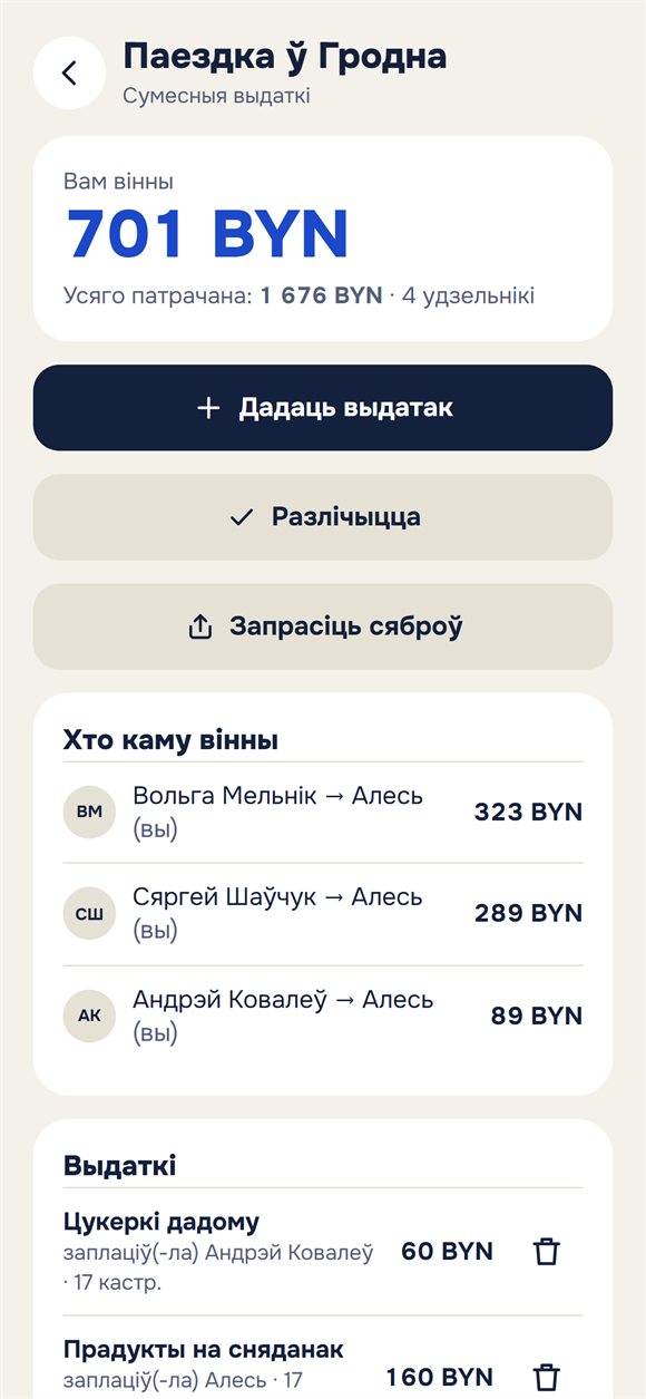 Агульныя выдаткі паездкі: хто колькі выдаткаваў і хто каму вінен
