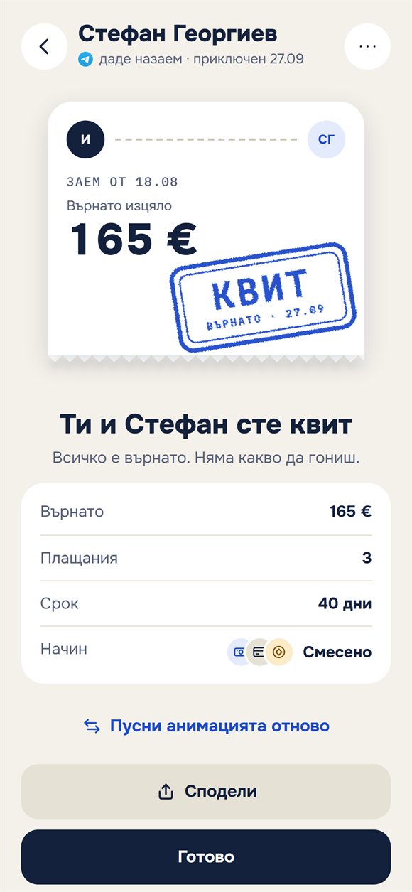 Затворен заем: билет с печат „Квит“
