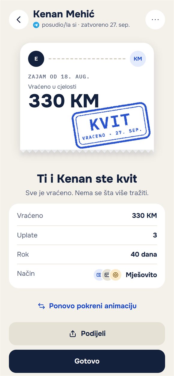 Zatvoreni zajam: karta s pečatom „Kvit”