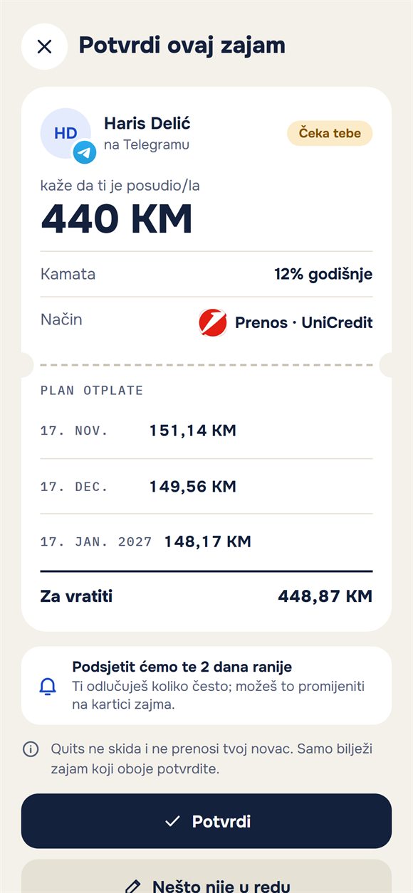 Zahtjev za potvrdu zajma s planom otplate