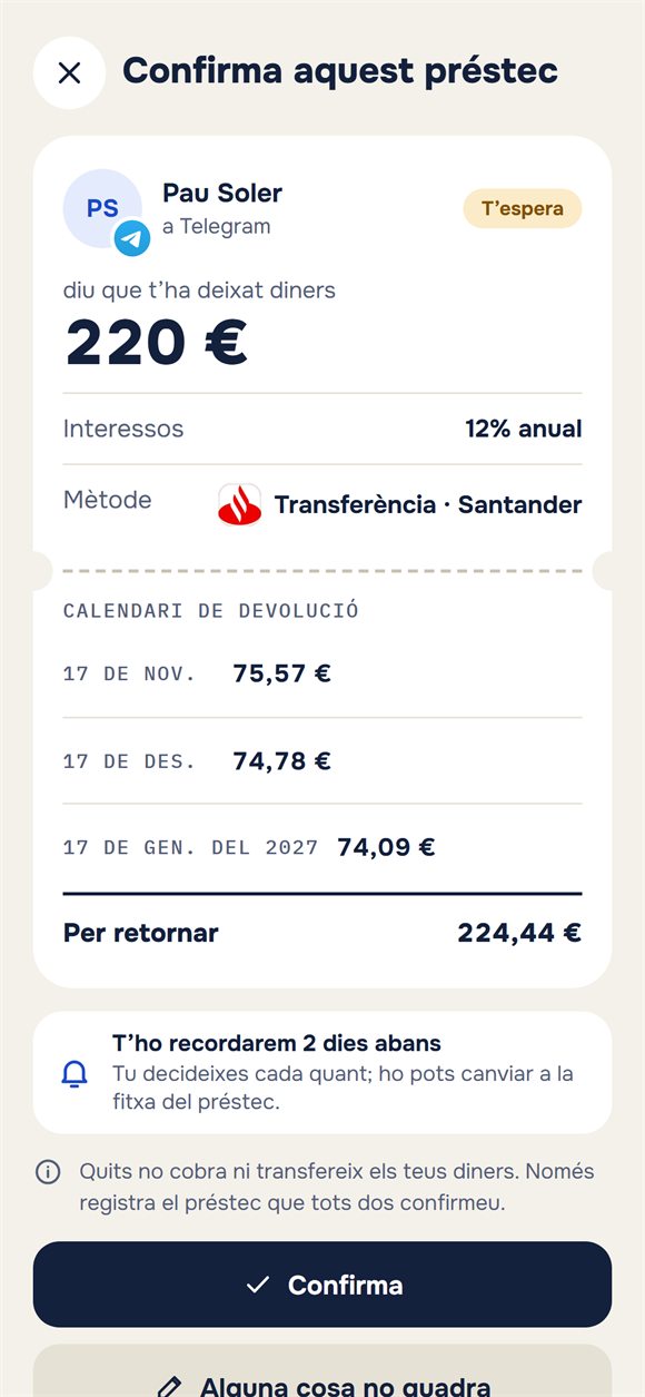 Sol·licitud de confirmació d’un préstec amb calendari de retorn