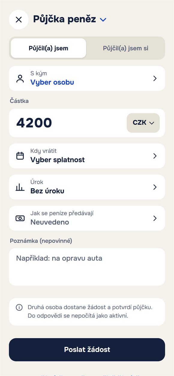 Nová půjčka: částka, termín, úrok a poznámka