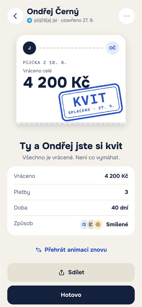 Uzavřená půjčka: lístek s razítkem „Kvit“