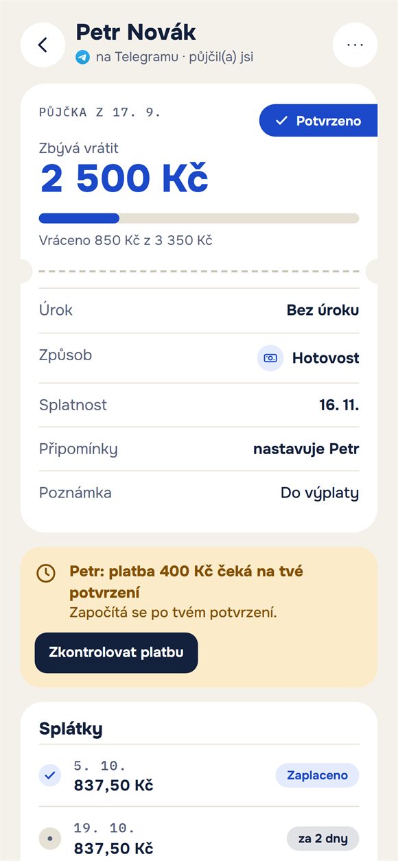 Půjčka: kolik zbývá vrátit a platba čekající na potvrzení