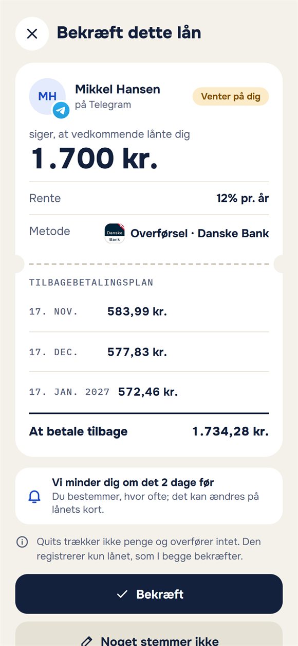 Anmodning om at bekræfte et lån med afdragsplan