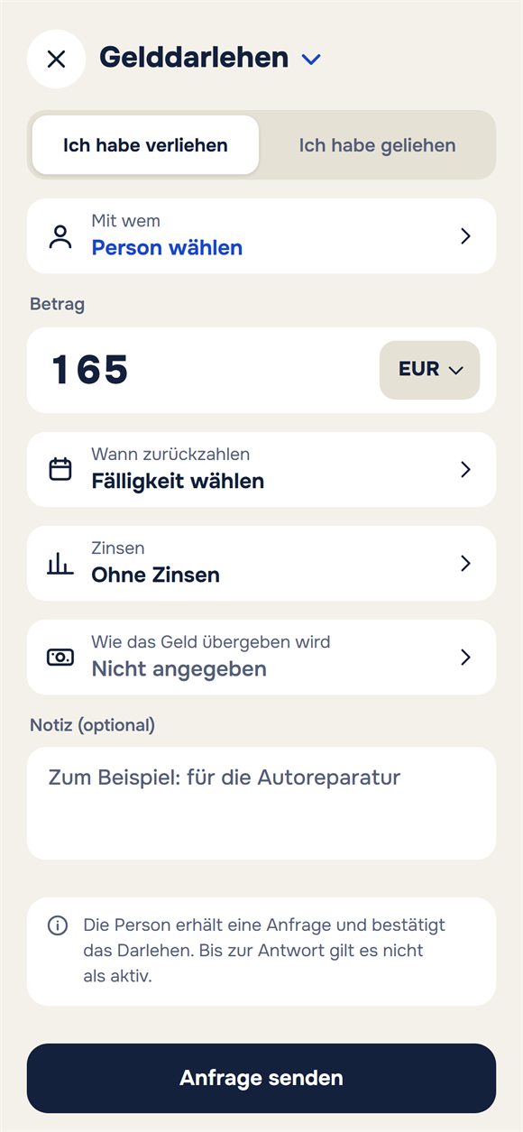 Neues Darlehen: Betrag, Frist, Zinsen und Notiz