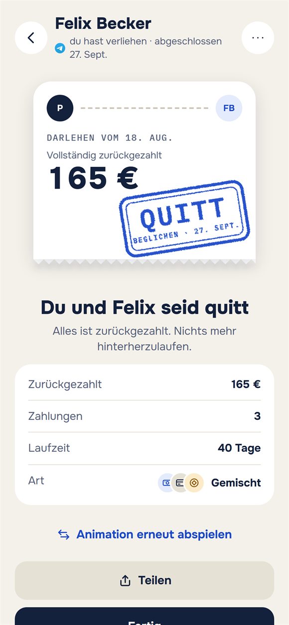 Abgeschlossenes Darlehen: ein Ticket mit dem Stempel „Quitt“
