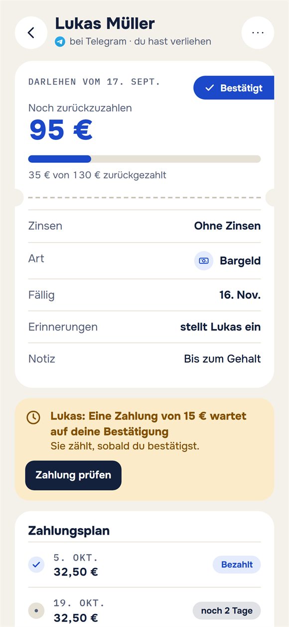 Ein Darlehen: Restbetrag und eine Zahlung, die auf Bestätigung wartet