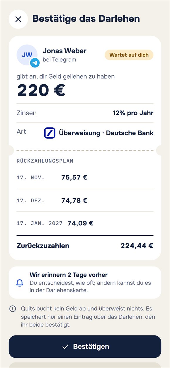 Bestätigungsanfrage für ein Darlehen mit Rückzahlungsplan