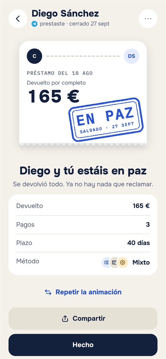 Préstamo cerrado: un ticket con el sello «En paz»