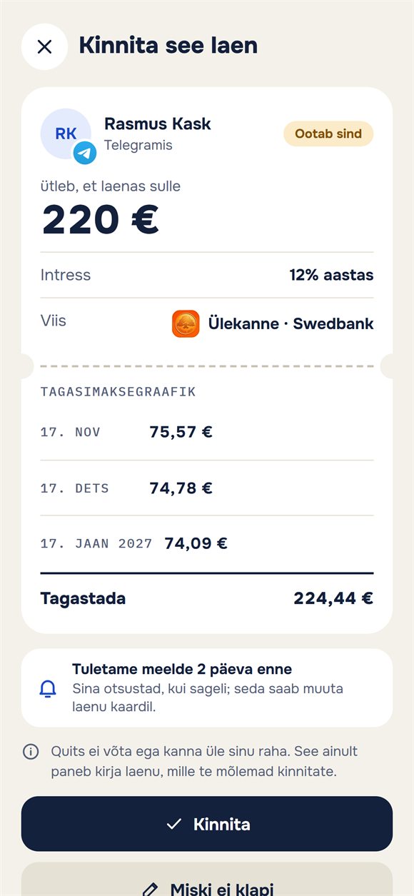 Laenu kinnitamise päring koos tagastusgraafikuga