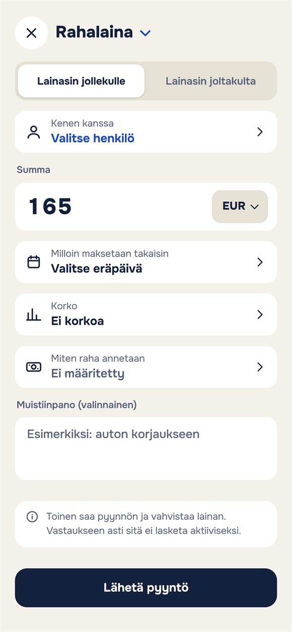 Uusi laina: summa, eräpäivä, korko ja muistiinpano