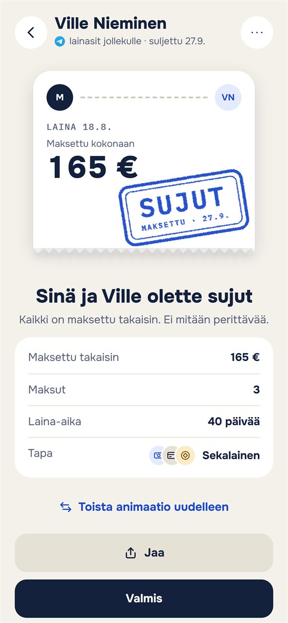 Suljettu laina: lippu, jossa on leima ”Sujut”