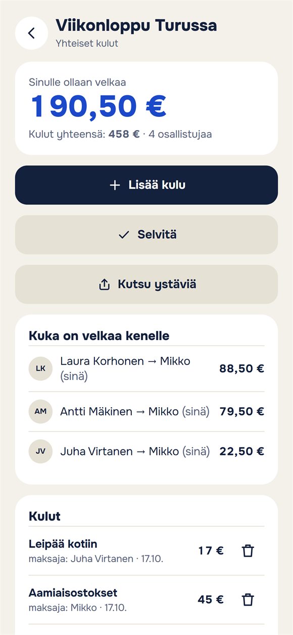 Matkan kulut: kuka kulutti paljonko ja kuka on velkaa kenelle