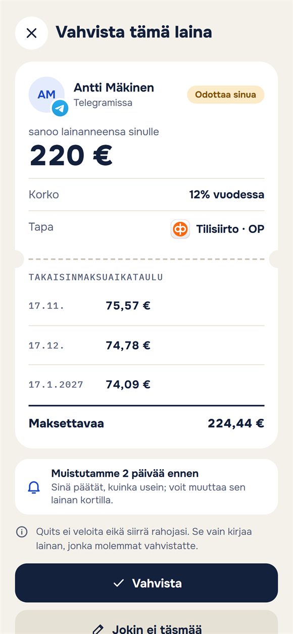 Lainan vahvistuspyyntö maksusuunnitelmineen