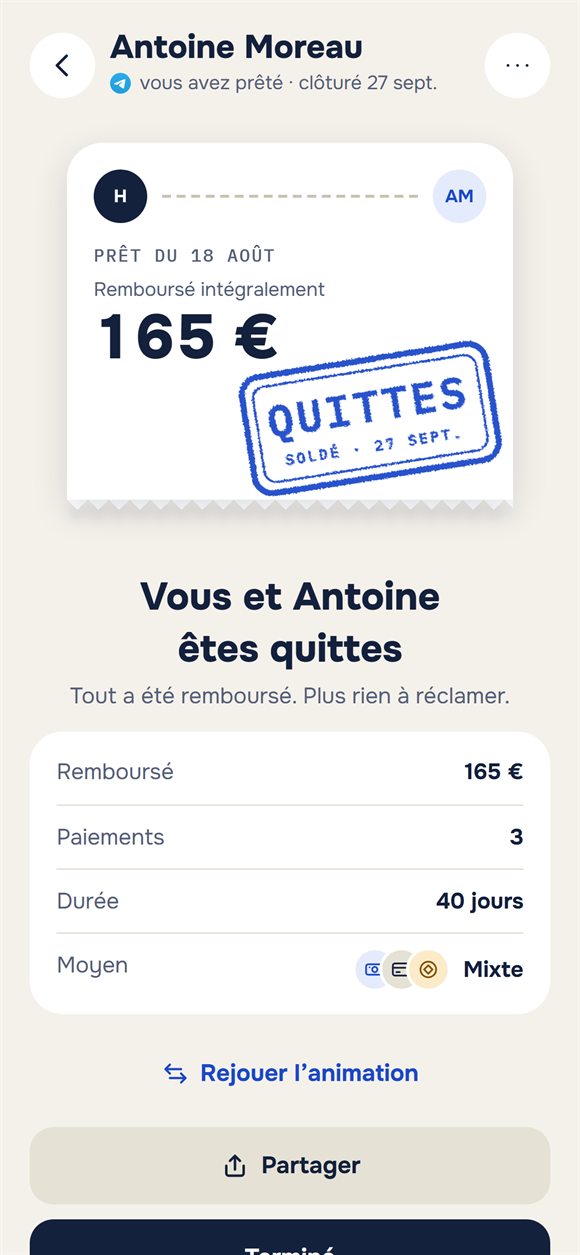 Prêt clôturé : un ticket tamponné « Quittes »