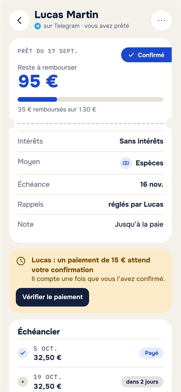 Un prêt : reste à rembourser et paiement en attente de confirmation