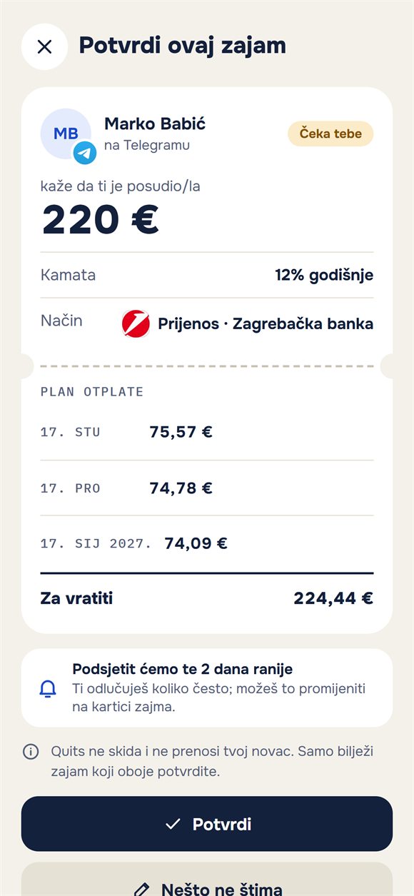 Zahtjev za potvrdu zajma s planom otplate