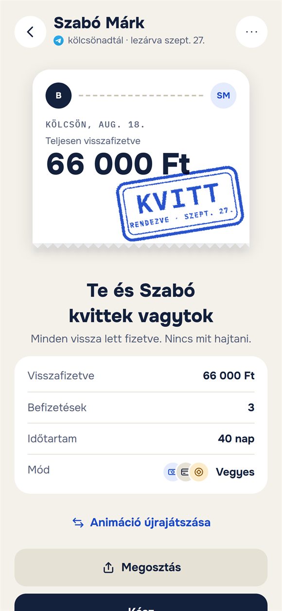 Lezárt kölcsön: „Kvitt” pecsétes jegy