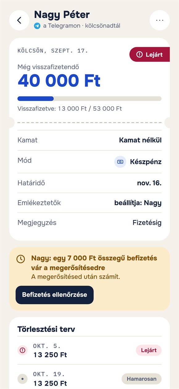 Egy kölcsön: mennyi van még hátra, és egy jóváhagyásra váró befizetés