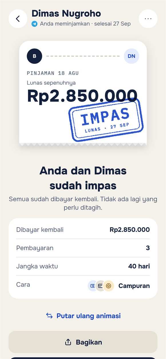 Pinjaman lunas: tiket dengan stempel «Impas»