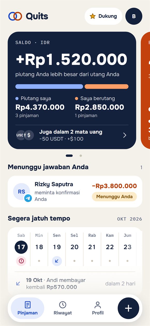 Layar utama: saldo, siapa berutang ke siapa, dan pelunasan terdekat