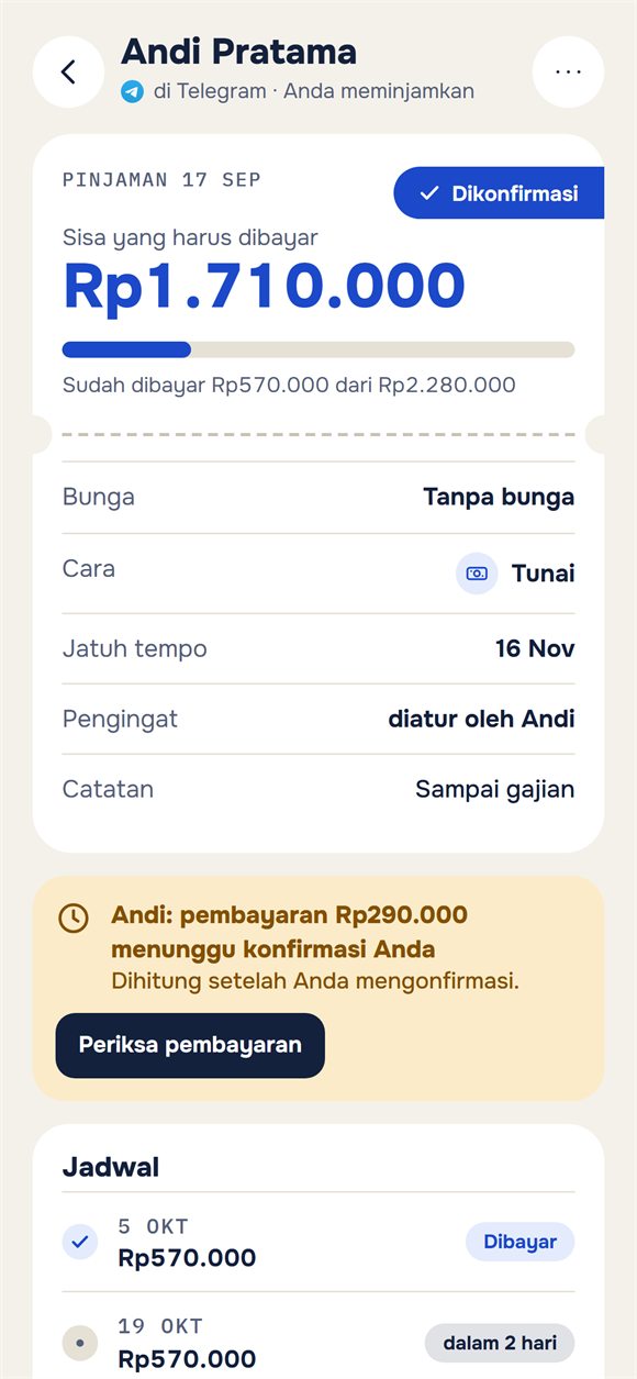 Sebuah pinjaman: sisa yang harus dikembalikan dan pembayaran yang menunggu konfirmasi