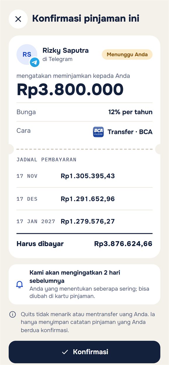 Permintaan konfirmasi pinjaman dengan jadwal pelunasan