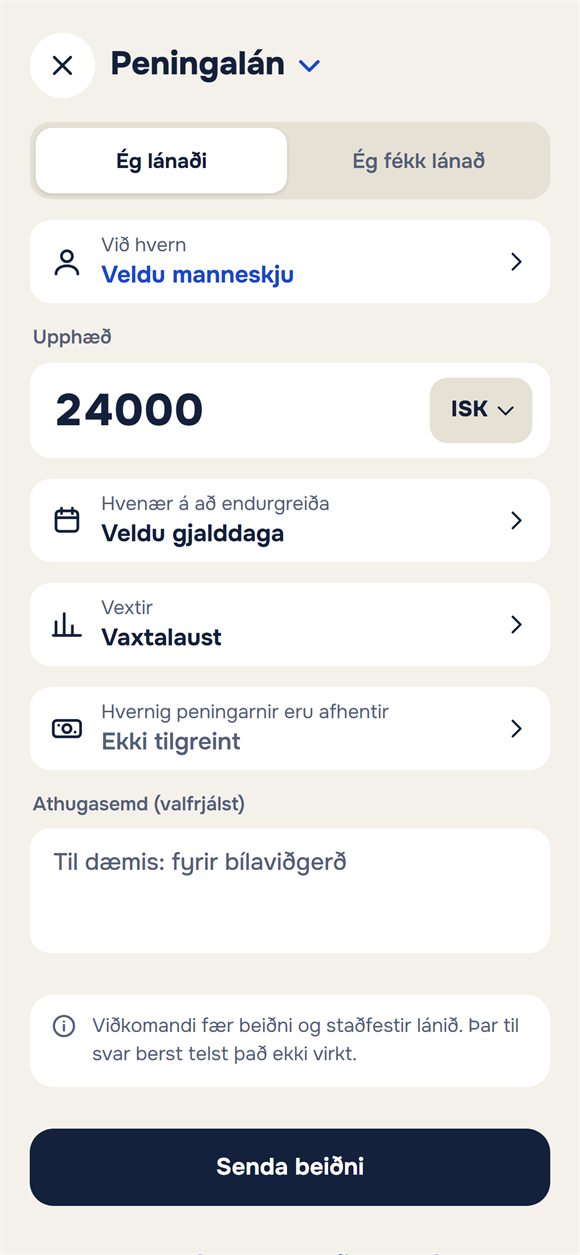 Nýtt lán: upphæð, gjalddagi, vextir og athugasemd