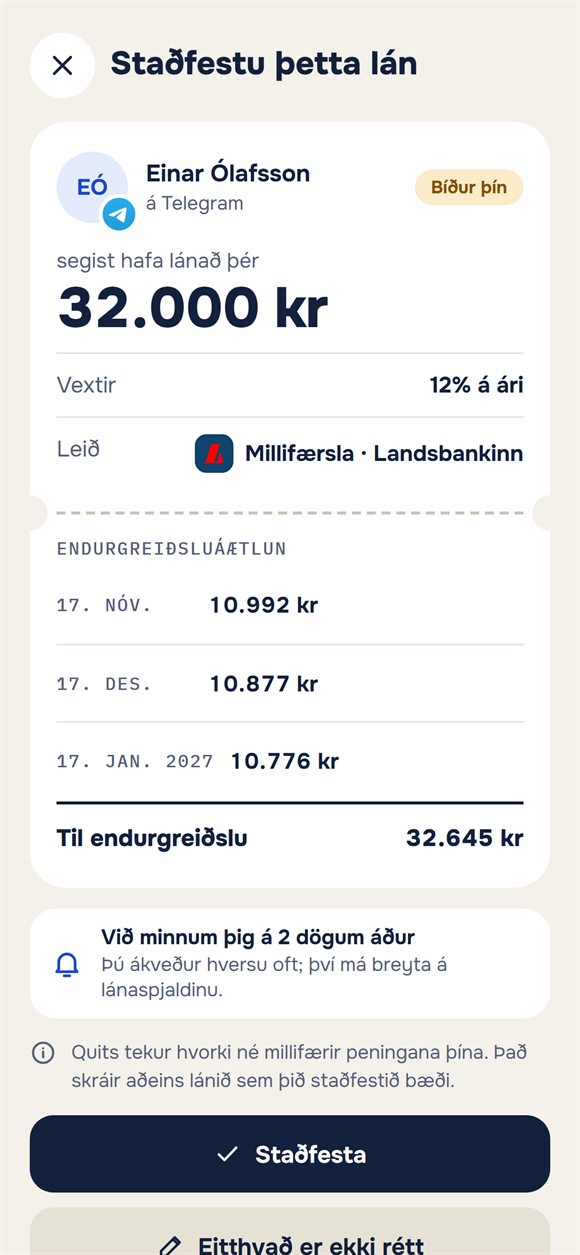 Beiðni um staðfestingu láns með greiðsluáætlun