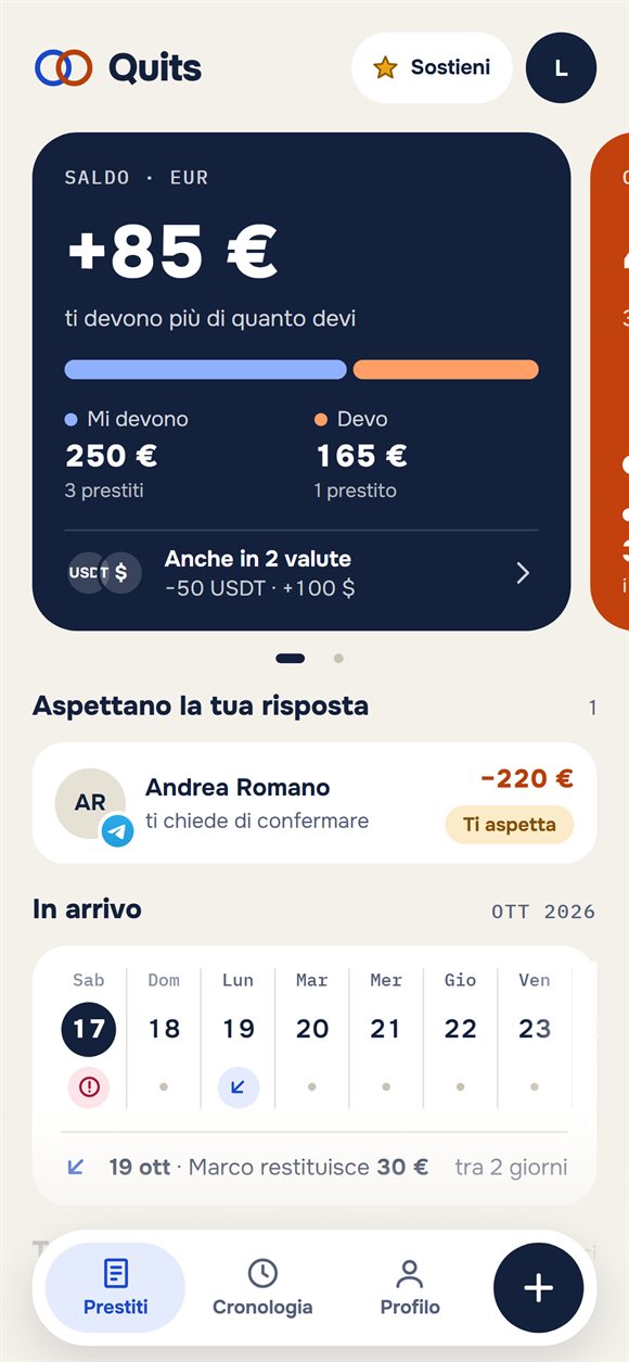 Schermata principale: saldo, chi deve a chi e prossime restituzioni