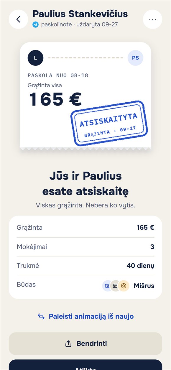 Uždaryta paskola: bilietas su antspaudu „Atsiskaitę“