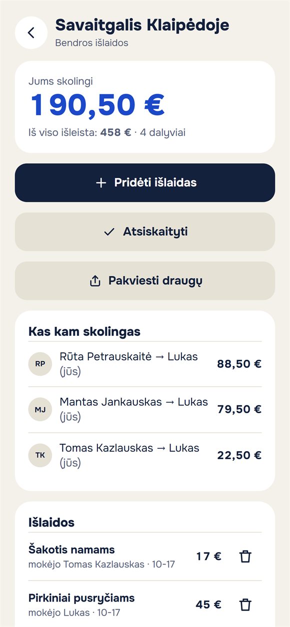 Kelionės išlaidos: kas kiek išleido ir kas kam skolingas
