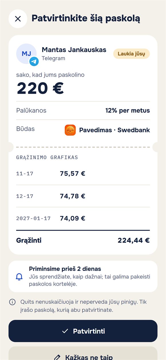 Paskolos patvirtinimo užklausa su grąžinimo grafiku
