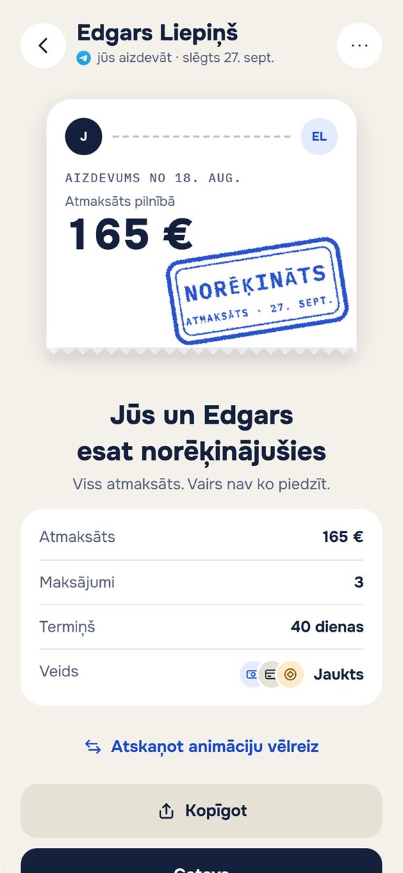 Slēgts aizdevums: biļete ar zīmogu “Norēķinājušies”