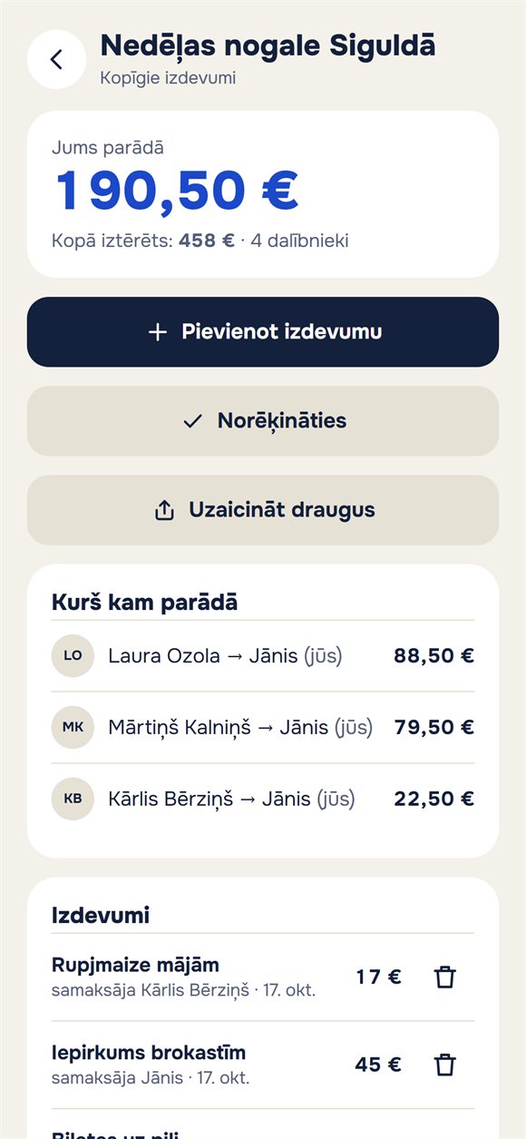 Ceļojuma izdevumi: kurš cik iztērēja un kurš kuram parādā