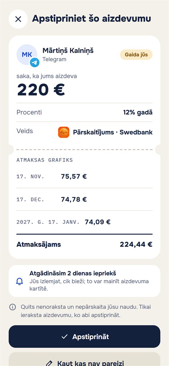 Aizdevuma apstiprinājuma pieprasījums ar atdošanas grafiku