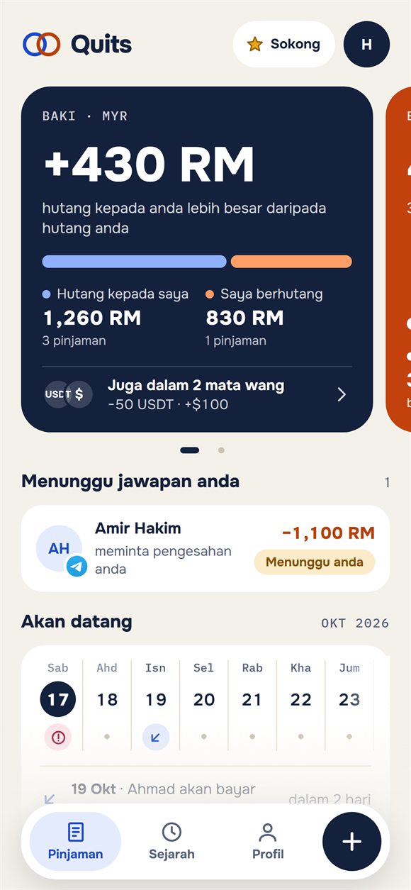 Skrin utama: baki, siapa berhutang dengan siapa dan pemulangan terdekat
