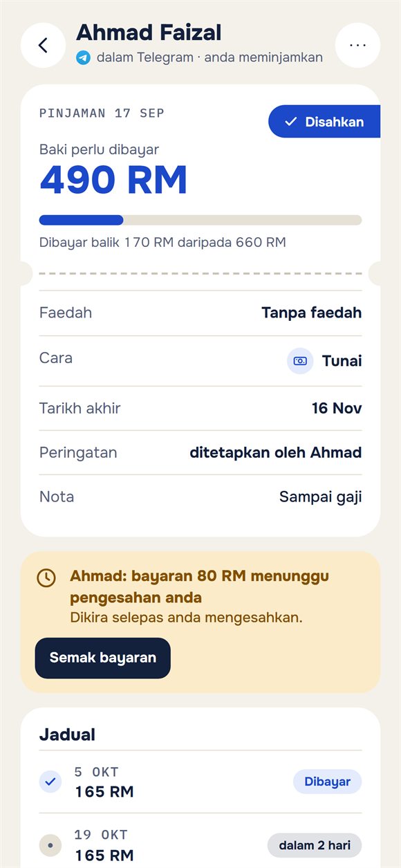 Satu pinjaman: baki yang perlu dibayar dan bayaran yang menunggu pengesahan