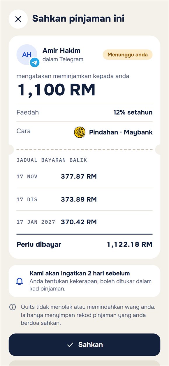 Permintaan pengesahan pinjaman dengan jadual bayaran balik