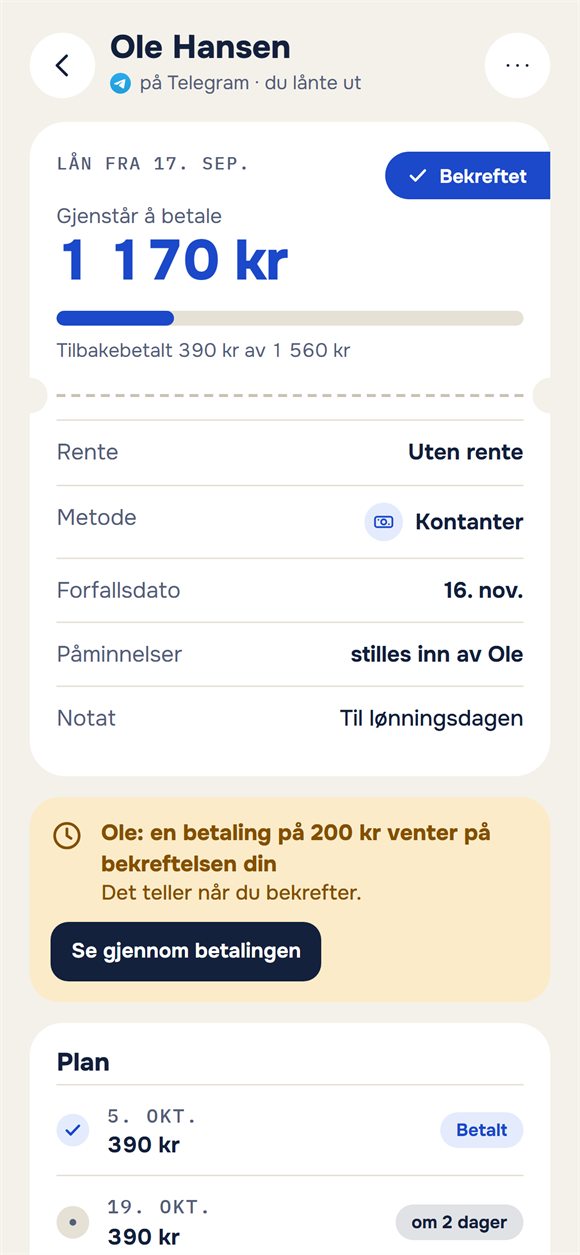 Et lån: hva som gjenstår og en betaling som venter på bekreftelse