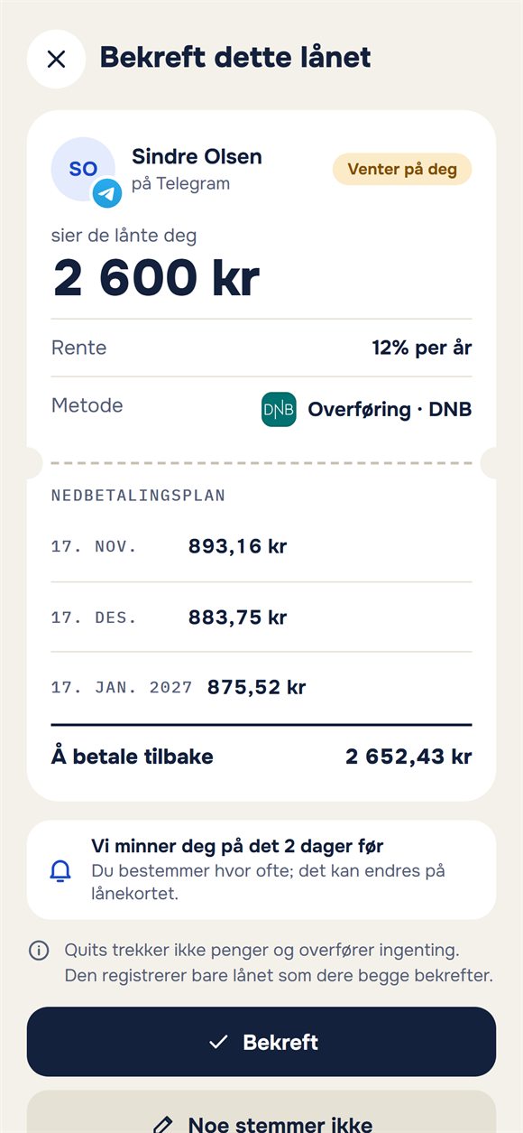Forespørsel om å bekrefte et lån med nedbetalingsplan