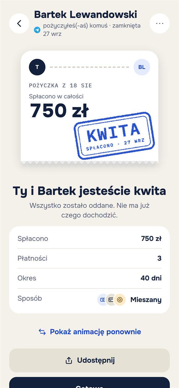 Zamknięta pożyczka: bilet z pieczątką „Kwita”