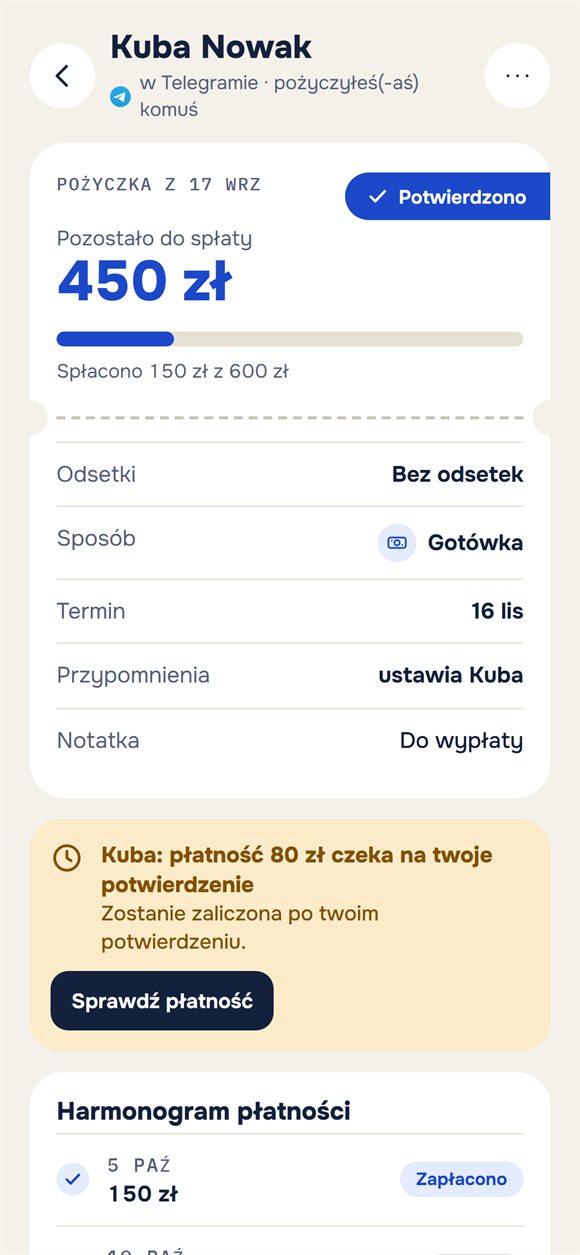 Pożyczka: ile zostało do zwrotu i płatność czekająca na potwierdzenie