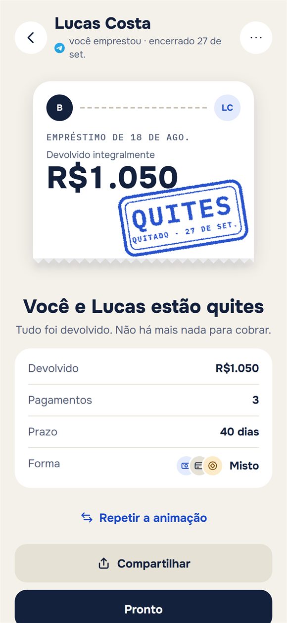 Empréstimo quitado: bilhete com o carimbo «Quites»