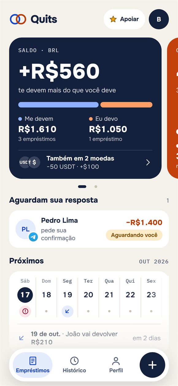 Tela inicial: saldo, quem deve a quem e próximas devoluções